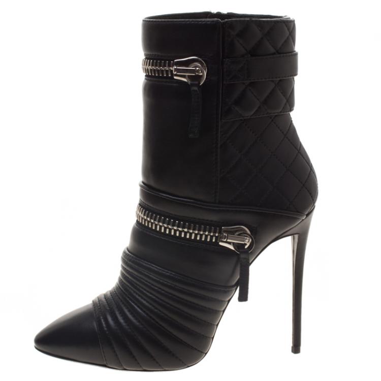 Pre Owned Giuseppe Zanotti Black Quilted Leather Double Zip Accent Boots Size 38