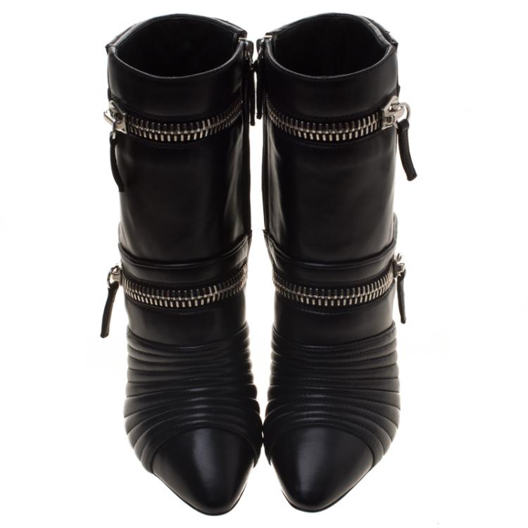 Pre Owned Giuseppe Zanotti Black Quilted Leather Double Zip Accent Boots Size 38
