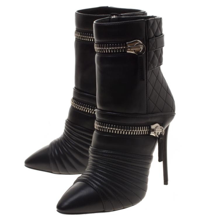 Pre Owned Giuseppe Zanotti Black Quilted Leather Double Zip Accent Boots Size 38