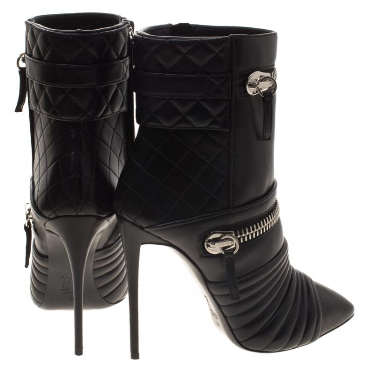 Pre Owned Giuseppe Zanotti Black Quilted Leather Double Zip Accent Boots Size 38