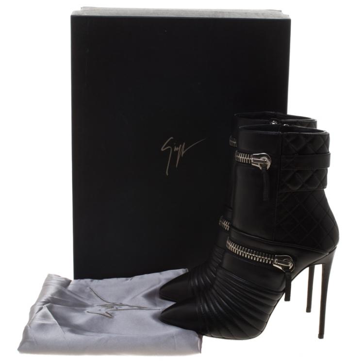 Pre Owned Giuseppe Zanotti Black Quilted Leather Double Zip Accent Boots Size 38