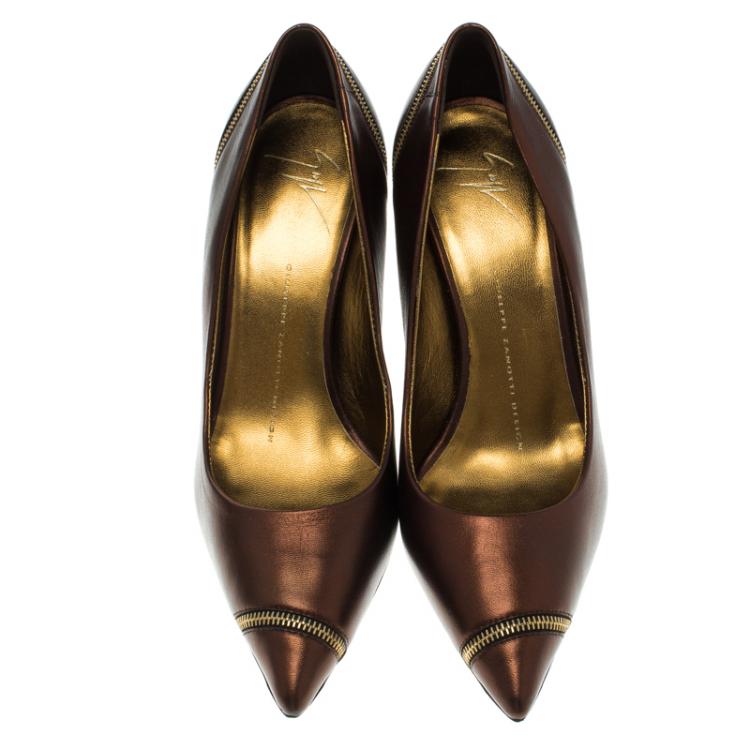 Pre Owned Giuseppe Zanotti Bronze Metallic Leather Zipper Accented Pointed Toe Pumps Size 38