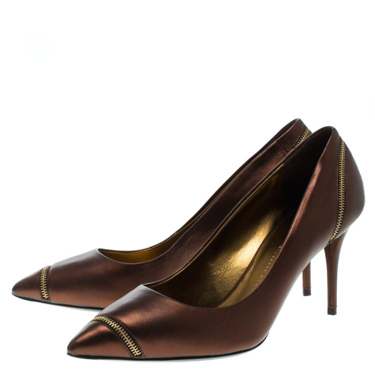 Pre Owned Giuseppe Zanotti Bronze Metallic Leather Zipper Accented Pointed Toe Pumps Size 38