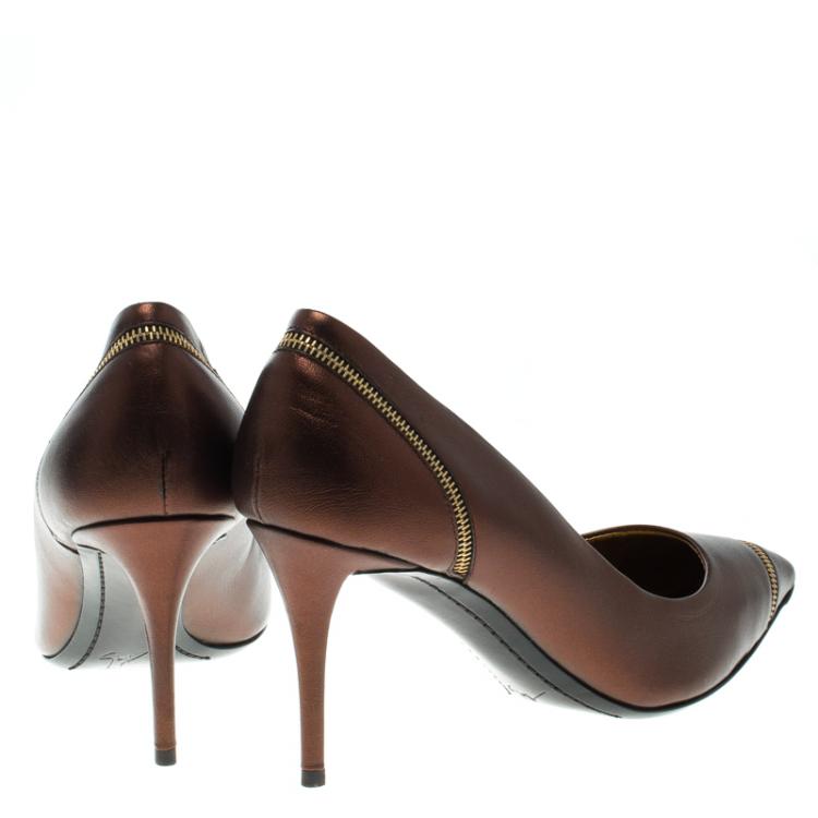 Pre Owned Giuseppe Zanotti Bronze Metallic Leather Zipper Accented Pointed Toe Pumps Size 38