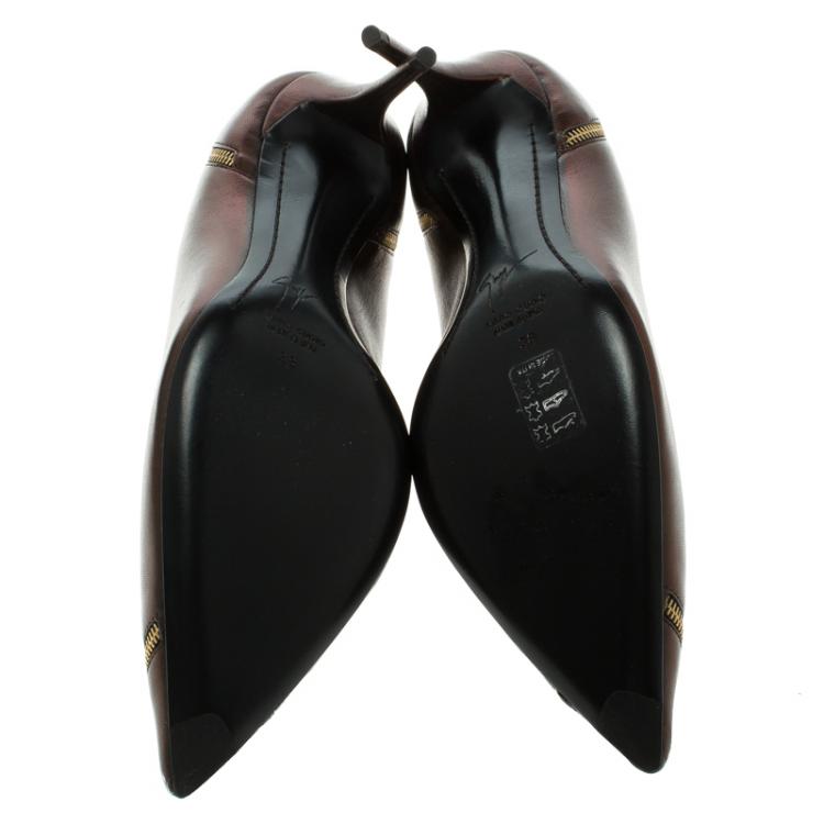 Pre Owned Giuseppe Zanotti Bronze Metallic Leather Zipper Accented Pointed Toe Pumps Size 38