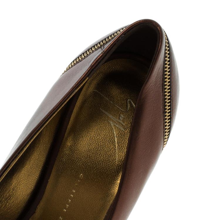 Pre Owned Giuseppe Zanotti Bronze Metallic Leather Zipper Accented Pointed Toe Pumps Size 38