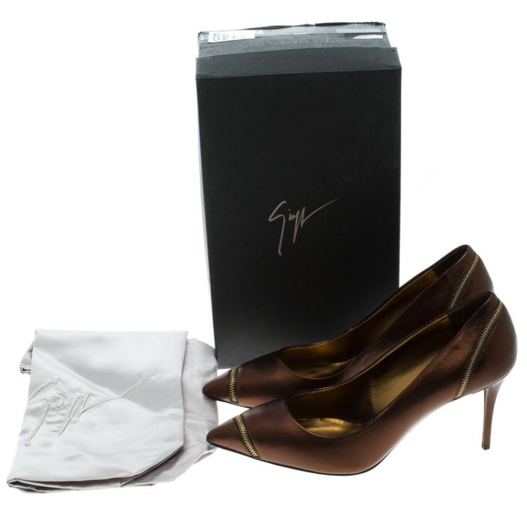 Pre Owned Giuseppe Zanotti Bronze Metallic Leather Zipper Accented Pointed Toe Pumps Size 38