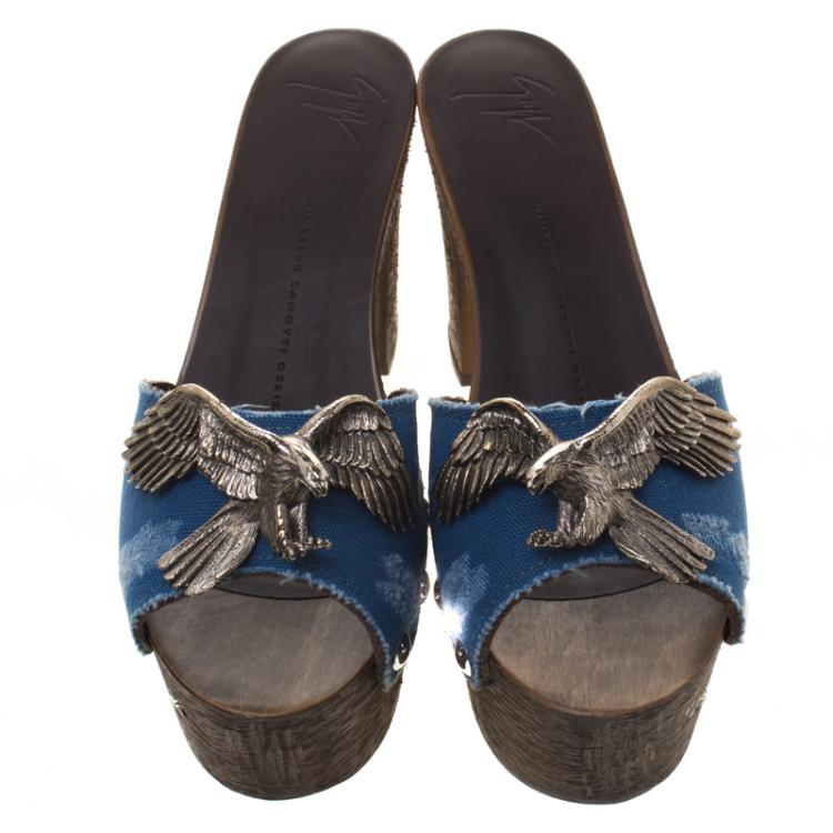 Pre Owned Giuseppe Zanotti Blue Canvas Eagle Embellished Saboot Platform Slides Size 38