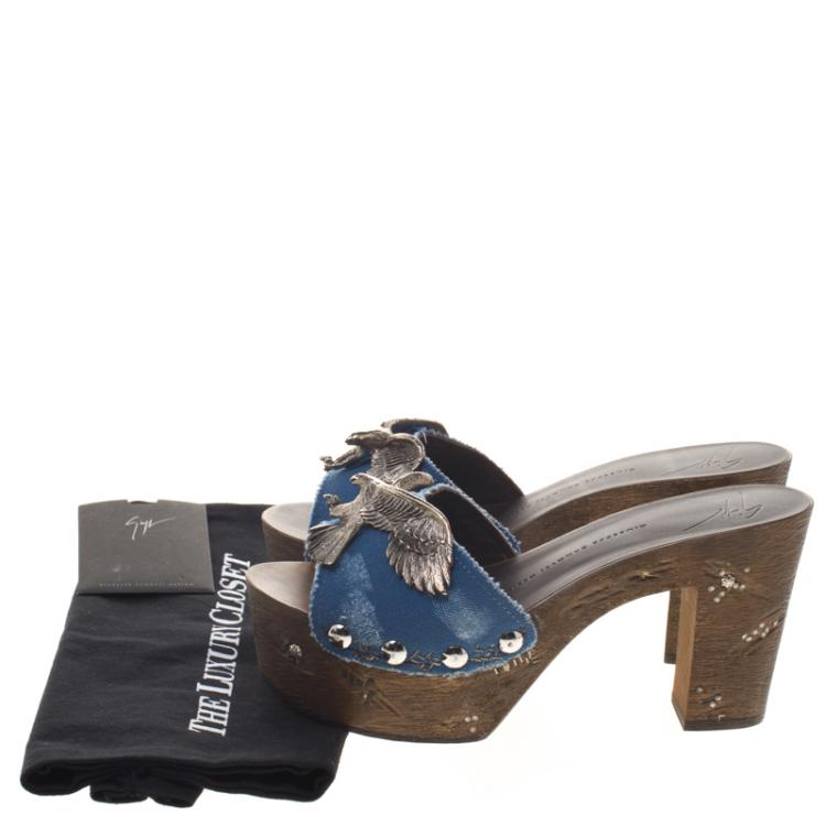 Pre Owned Giuseppe Zanotti Blue Canvas Eagle Embellished Saboot Platform Slides Size 38