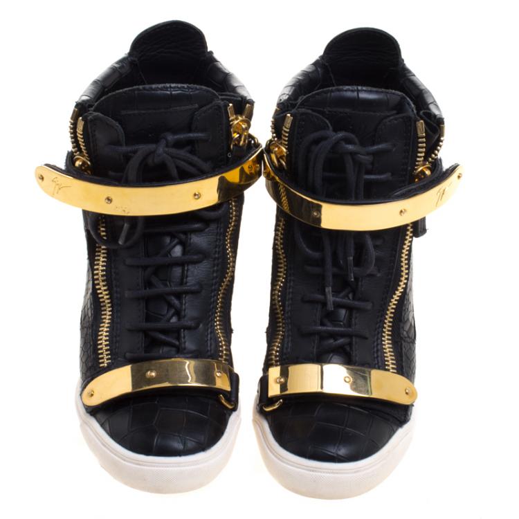 مملوكة مسبقًا Giuseppe Zanotti Black Croc Embossed Leather Lorenz Wedge Sneakers Size 38