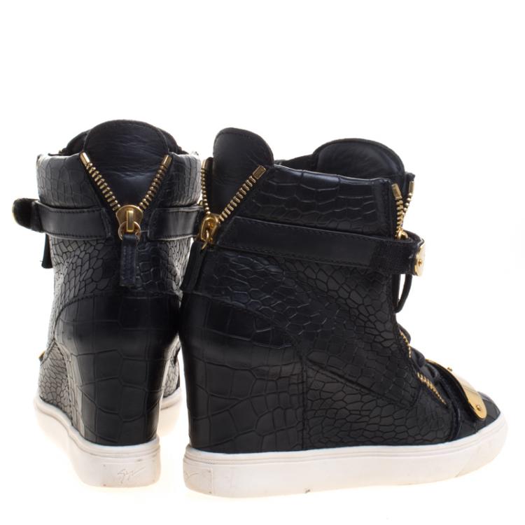 مملوكة مسبقًا Giuseppe Zanotti Black Croc Embossed Leather Lorenz Wedge Sneakers Size 38