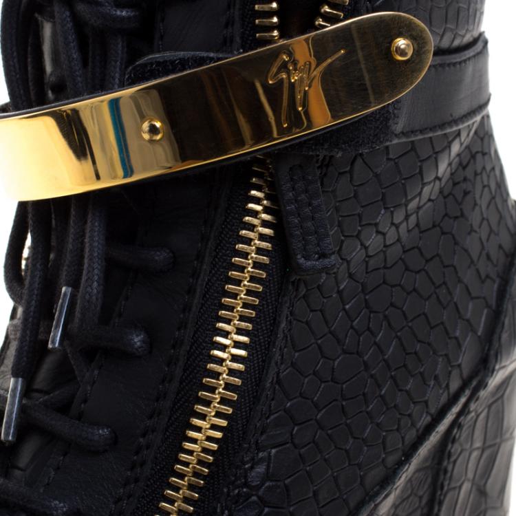 مملوكة مسبقًا Giuseppe Zanotti Black Croc Embossed Leather Lorenz Wedge Sneakers Size 38