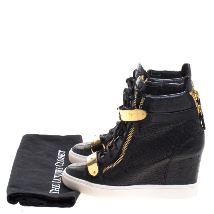 مملوكة مسبقًا Giuseppe Zanotti Black Croc Embossed Leather Lorenz Wedge Sneakers Size 38