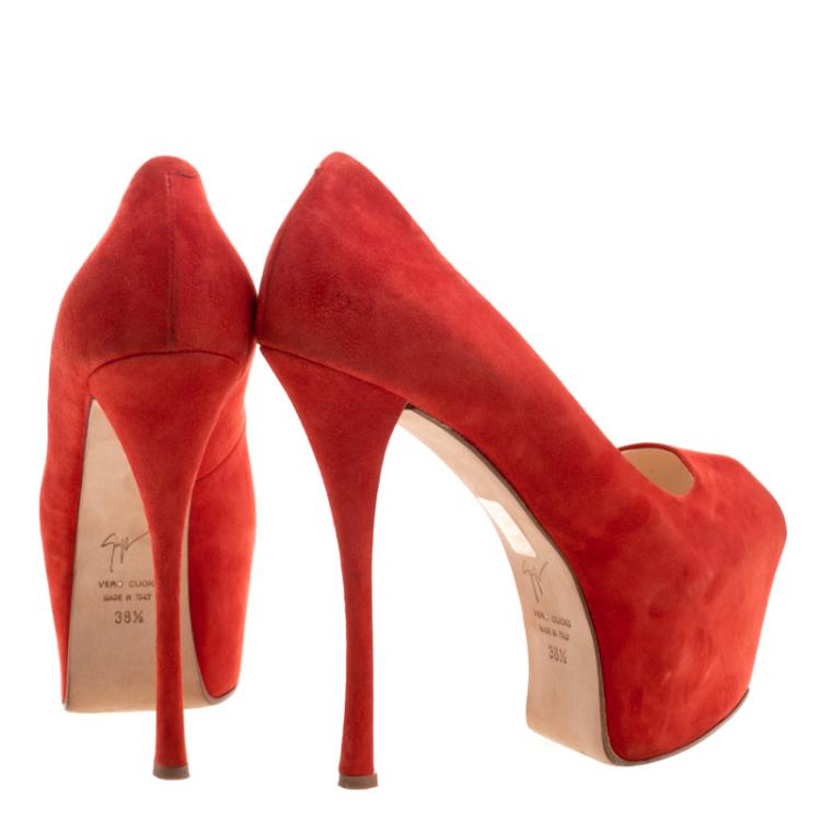 مملوكة مسبقًا Giuseppe Zanotti Orange Suede Peep Toe Platform Pumps Size 38.5