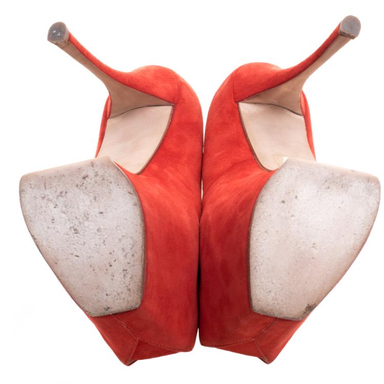 مملوكة مسبقًا Giuseppe Zanotti Orange Suede Peep Toe Platform Pumps Size 38.5