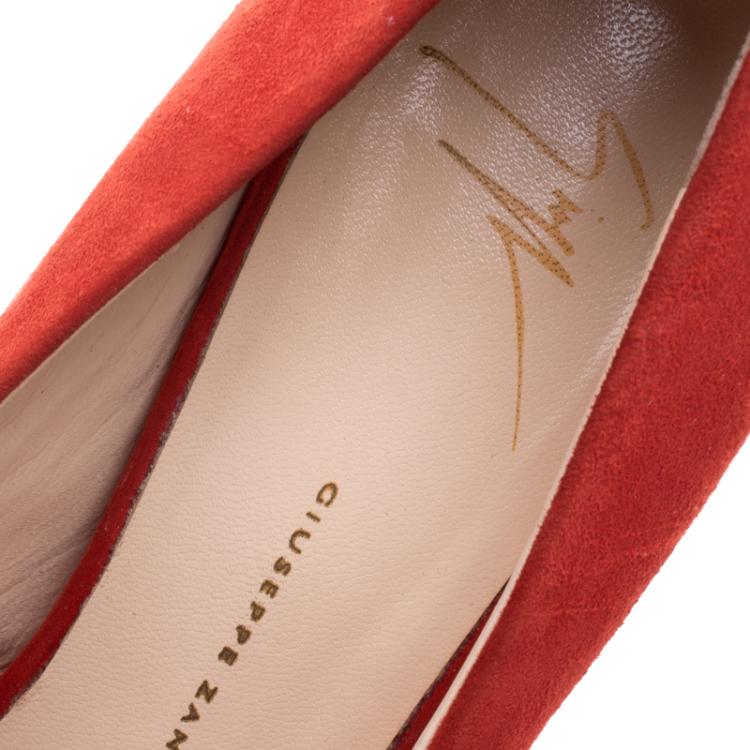 مملوكة مسبقًا Giuseppe Zanotti Orange Suede Peep Toe Platform Pumps Size 38.5