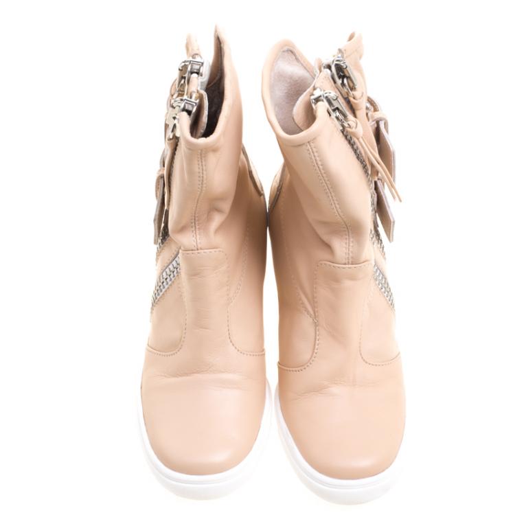 Pre Owned Giuseppe Zanotti Beige Leather Buckled Double Zip Accent Wedge Sneakers Size 36
