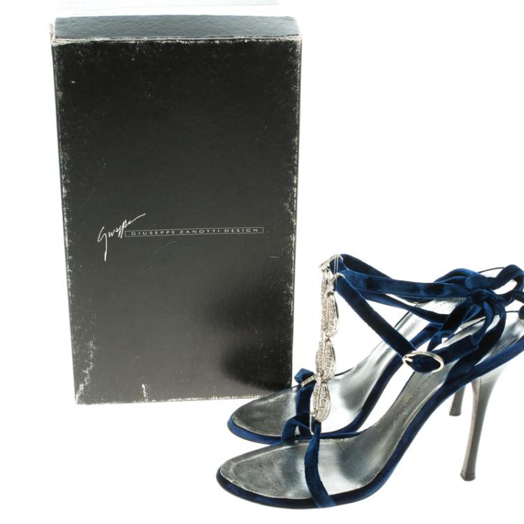 Pre Owned Giuseppe Zanotti Vicini Blue Embellished Velvet Strappy Sandals Size 38
