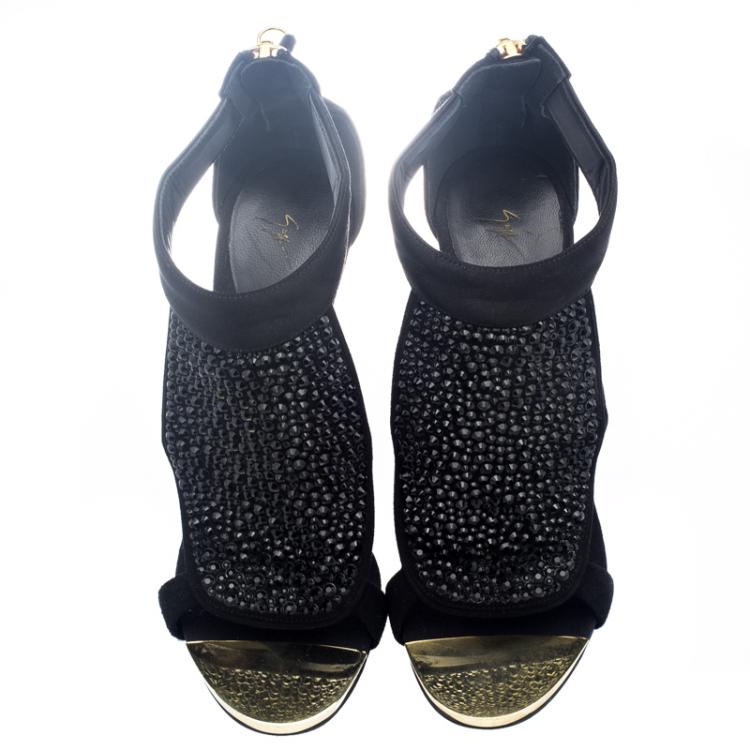 Pre Owned Giuseppe Zanotti Black Suede and Satin Crystal Studded Ankle Strap Sandals Size 38