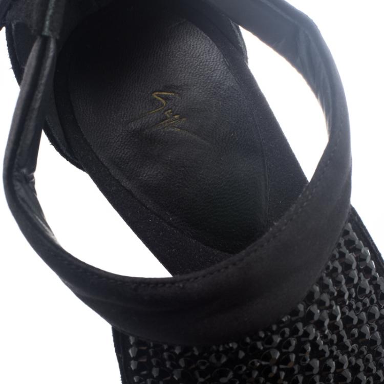 Pre Owned Giuseppe Zanotti Black Suede and Satin Crystal Studded Ankle Strap Sandals Size 38