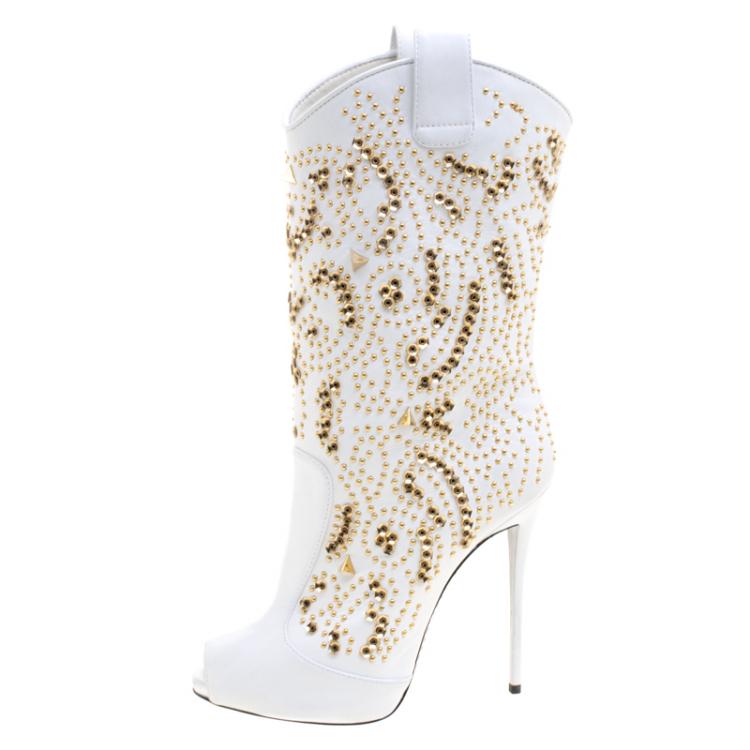 Pre Owned Giuseppe Zanotti White Studded Leather Coline Peep Toe Mid Calf Boots Size 38