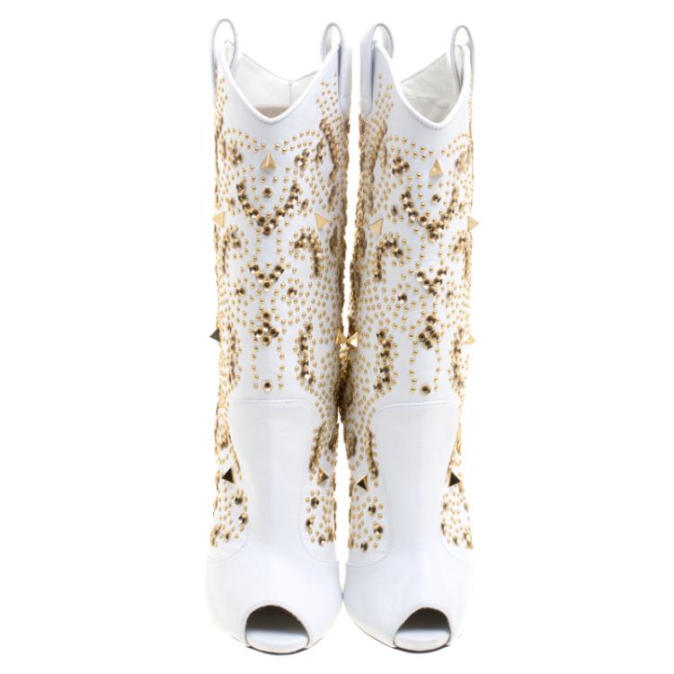 Pre Owned Giuseppe Zanotti White Studded Leather Coline Peep Toe Mid Calf Boots Size 38