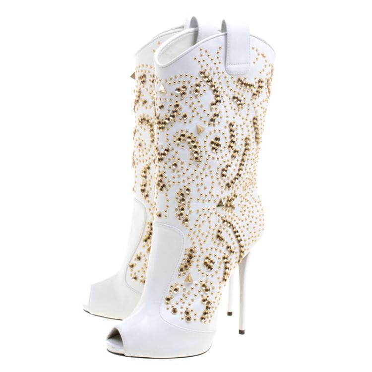 Pre Owned Giuseppe Zanotti White Studded Leather Coline Peep Toe Mid Calf Boots Size 38