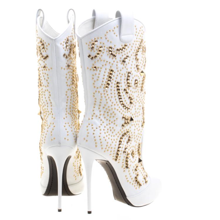 Pre Owned Giuseppe Zanotti White Studded Leather Coline Peep Toe Mid Calf Boots Size 38