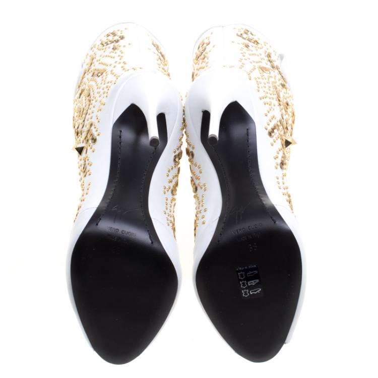 Pre Owned Giuseppe Zanotti White Studded Leather Coline Peep Toe Mid Calf Boots Size 38