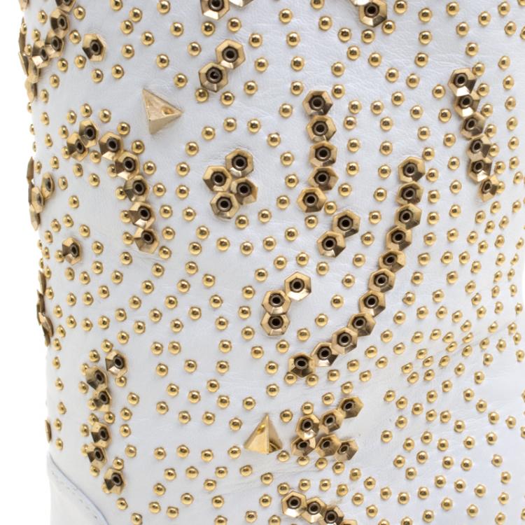 Pre Owned Giuseppe Zanotti White Studded Leather Coline Peep Toe Mid Calf Boots Size 38