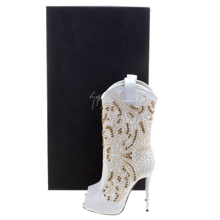 Pre Owned Giuseppe Zanotti White Studded Leather Coline Peep Toe Mid Calf Boots Size 38