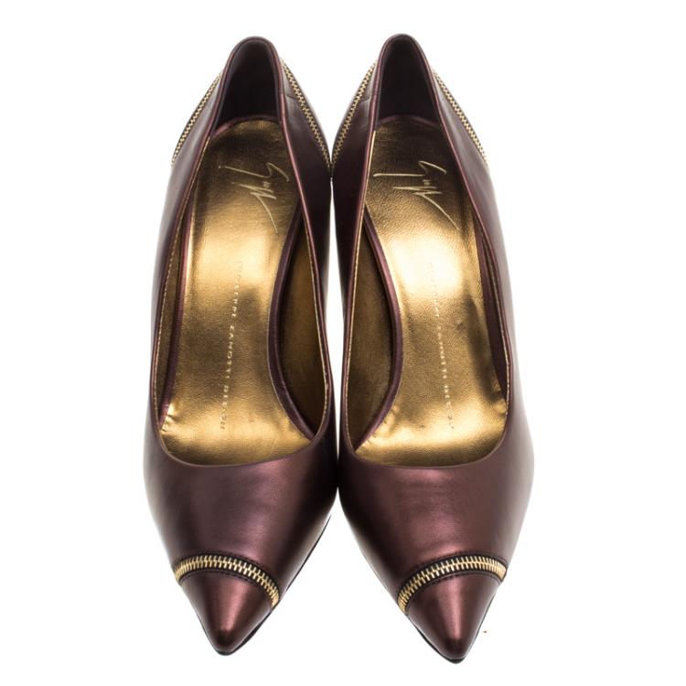 Pre Owned Giuseppe Zanotti Metallic Brown Zipper Accented Pointed Toe Pumps Size 38