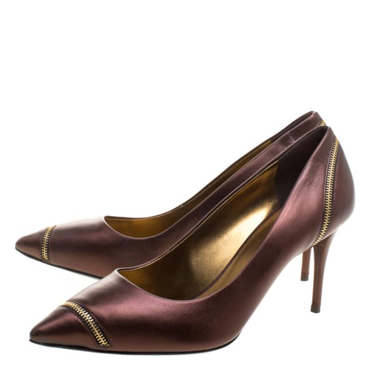 Pre Owned Giuseppe Zanotti Metallic Brown Zipper Accented Pointed Toe Pumps Size 38