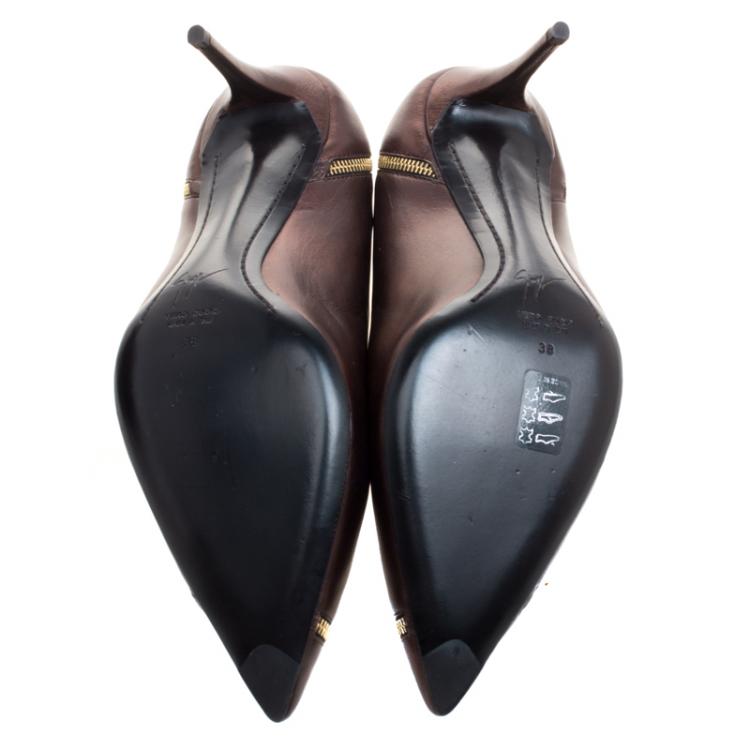 Pre Owned Giuseppe Zanotti Metallic Brown Zipper Accented Pointed Toe Pumps Size 38