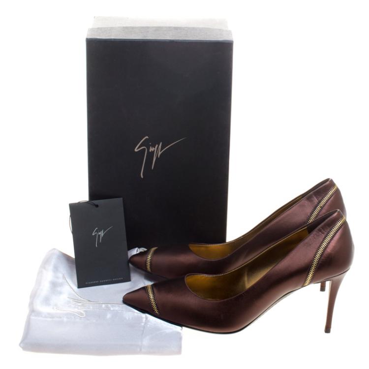 Pre Owned Giuseppe Zanotti Metallic Brown Zipper Accented Pointed Toe Pumps Size 38