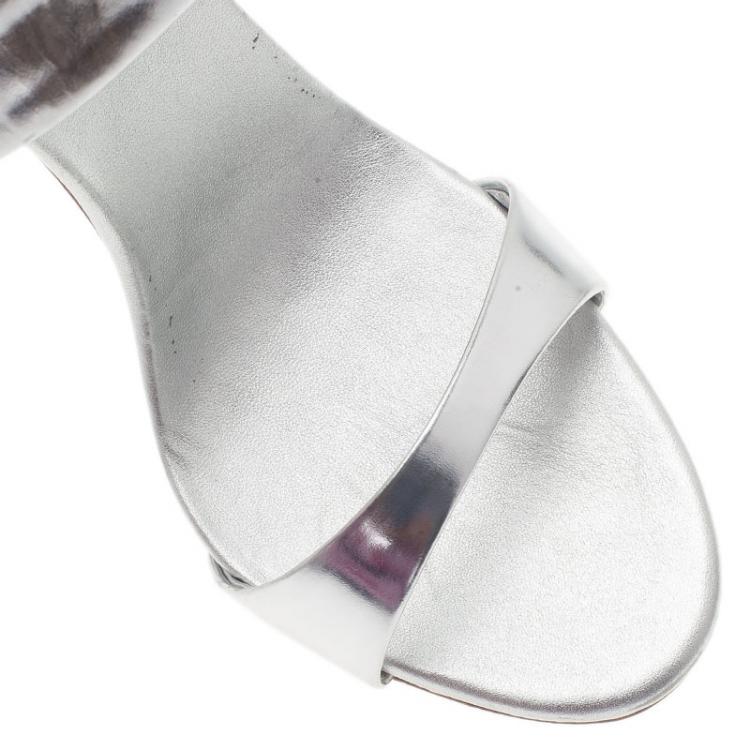 Pre Owned Giuseppe Zanotti Silver Metallic Leather Ankle Strap Sandals Size 41