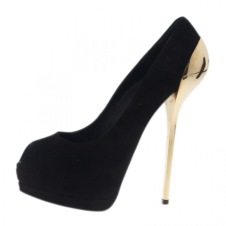 Pre Owned Giuseppe Zanotti Black Suede Metal Heel Peep Toe Platform Pumps Size 39.5