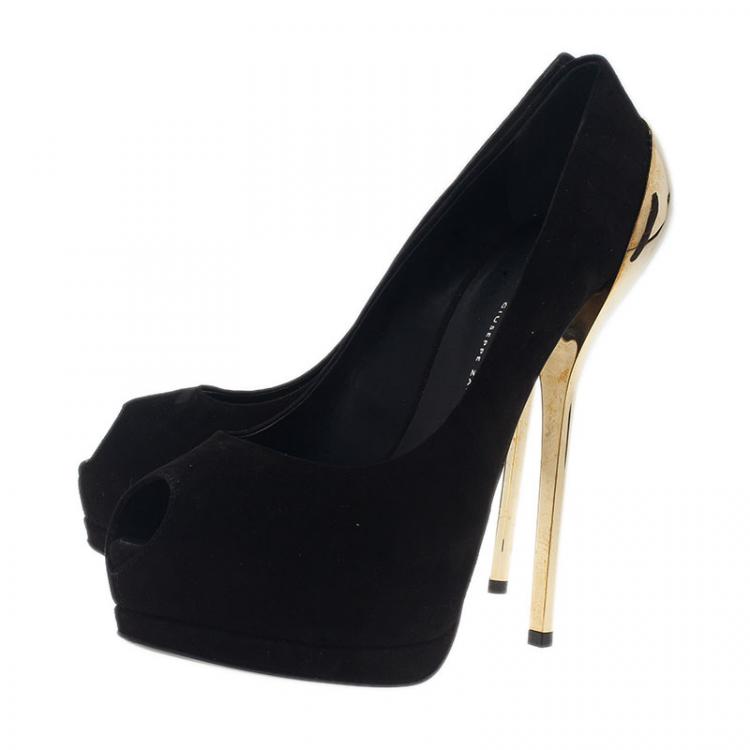 Pre Owned Giuseppe Zanotti Black Suede Metal Heel Peep Toe Platform Pumps Size 39.5