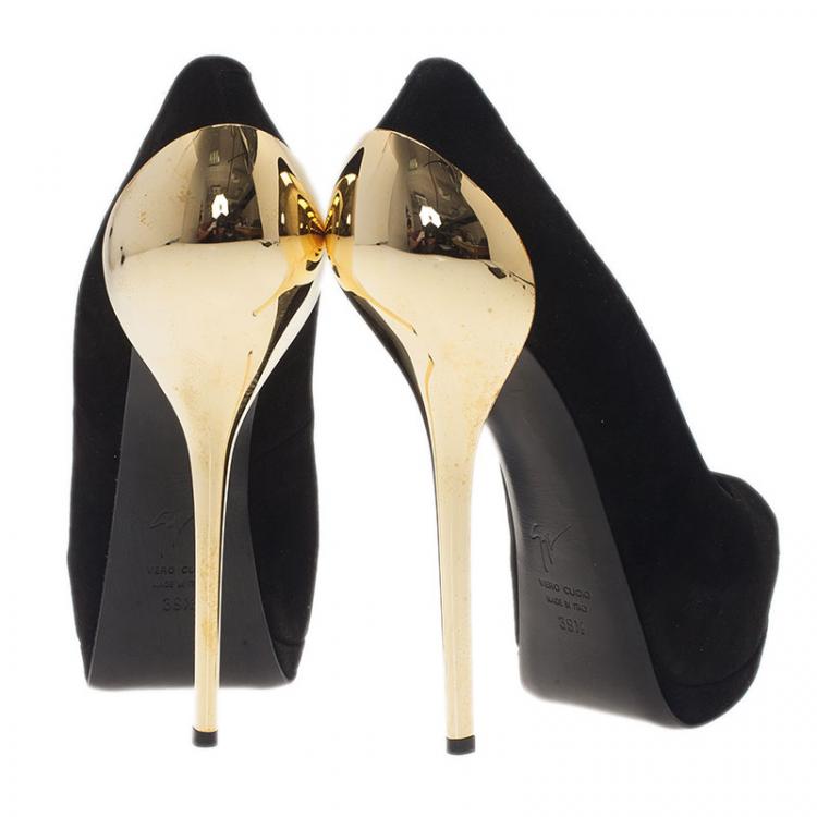 Pre Owned Giuseppe Zanotti Black Suede Metal Heel Peep Toe Platform Pumps Size 39.5