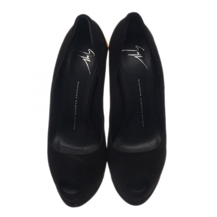Pre Owned Giuseppe Zanotti Black Suede Metal Heel Peep Toe Platform Pumps Size 39.5