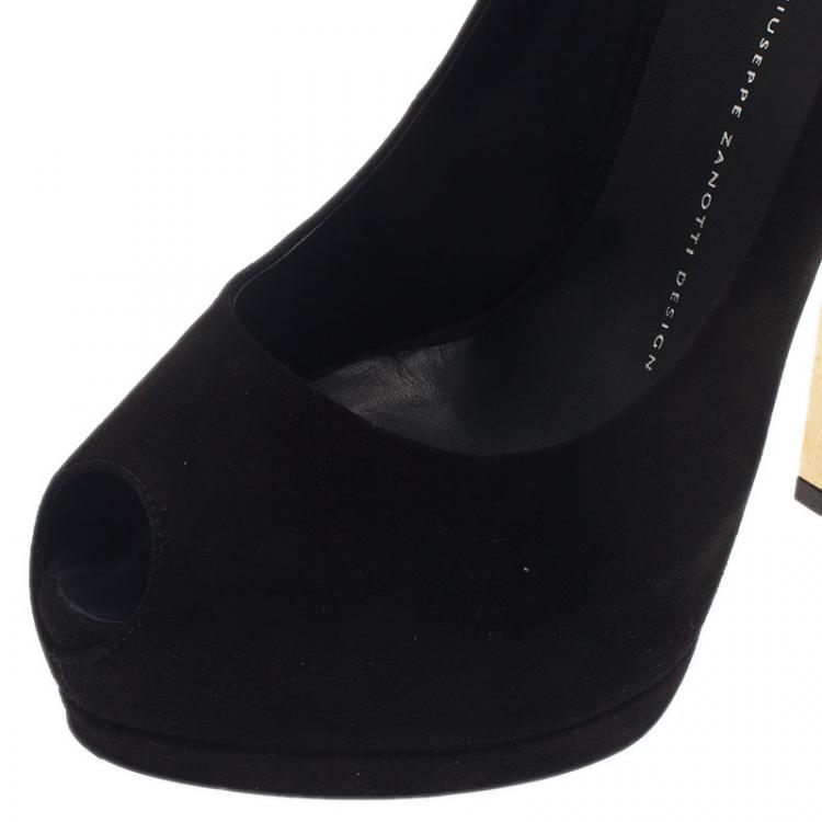 Pre Owned Giuseppe Zanotti Black Suede Metal Heel Peep Toe Platform Pumps Size 39.5