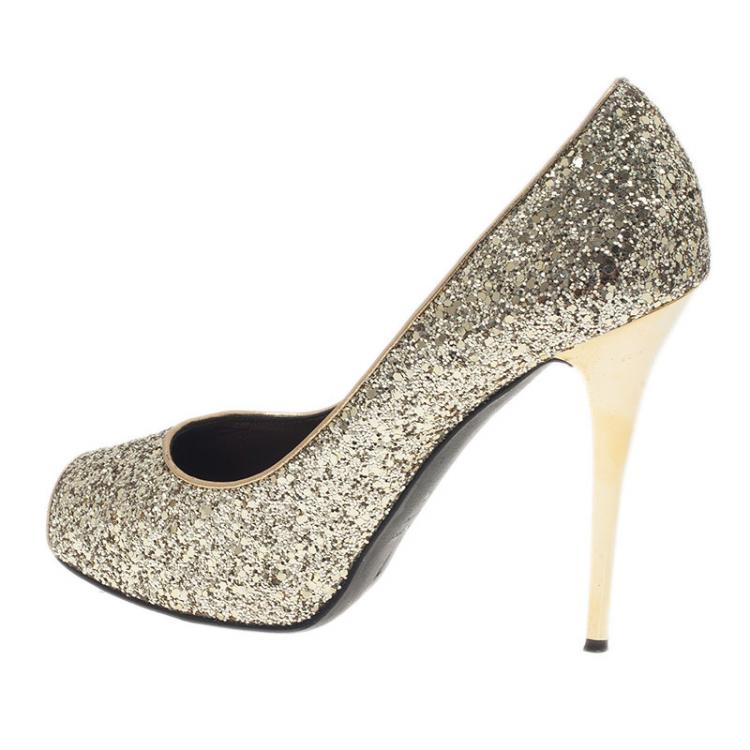 Pre Owned Giuseppe Zanotti Gold Glitter Peep Toe Pumps Size 40