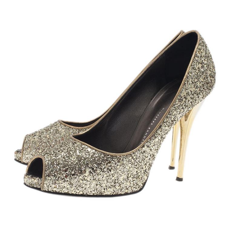 Pre Owned Giuseppe Zanotti Gold Glitter Peep Toe Pumps Size 40