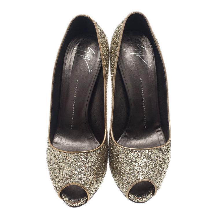 Pre Owned Giuseppe Zanotti Gold Glitter Peep Toe Pumps Size 40