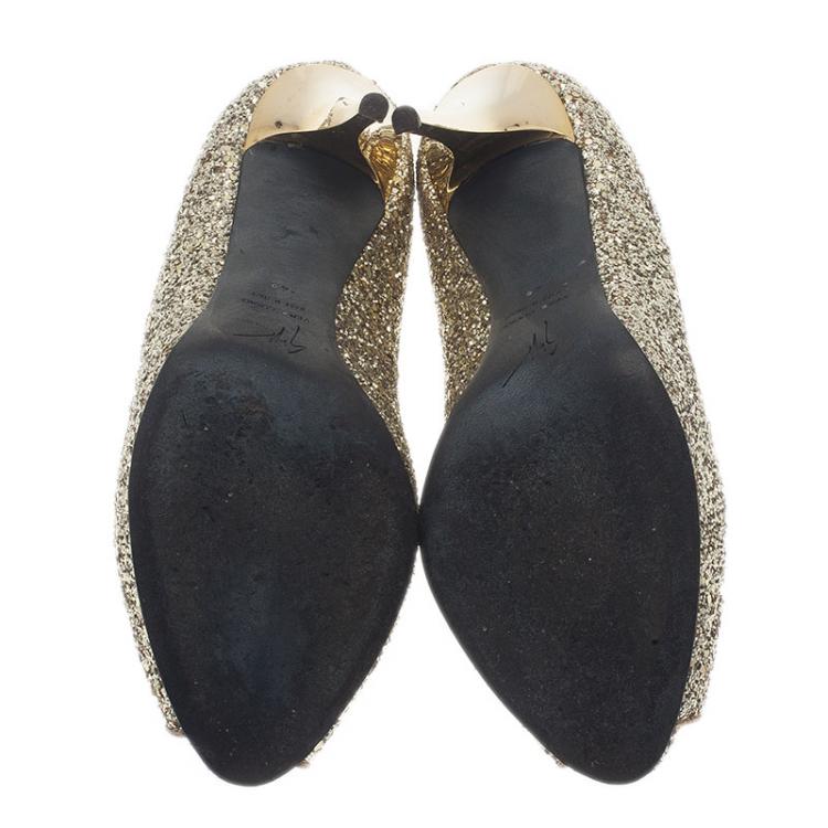 Pre Owned Giuseppe Zanotti Gold Glitter Peep Toe Pumps Size 40