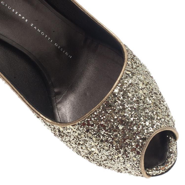 Pre Owned Giuseppe Zanotti Gold Glitter Peep Toe Pumps Size 40