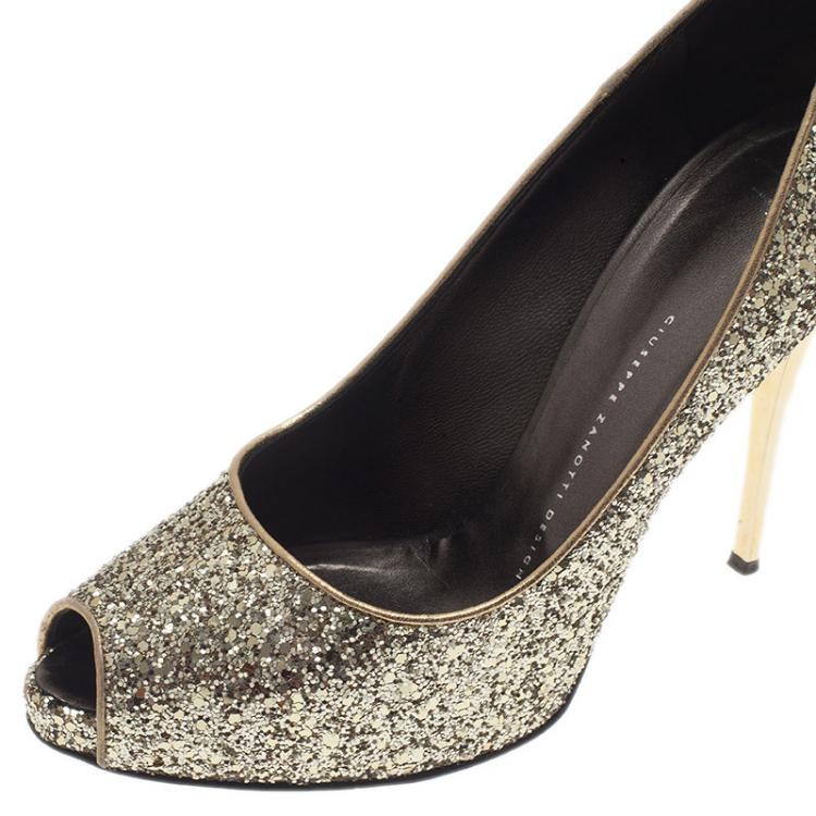 Pre Owned Giuseppe Zanotti Gold Glitter Peep Toe Pumps Size 40