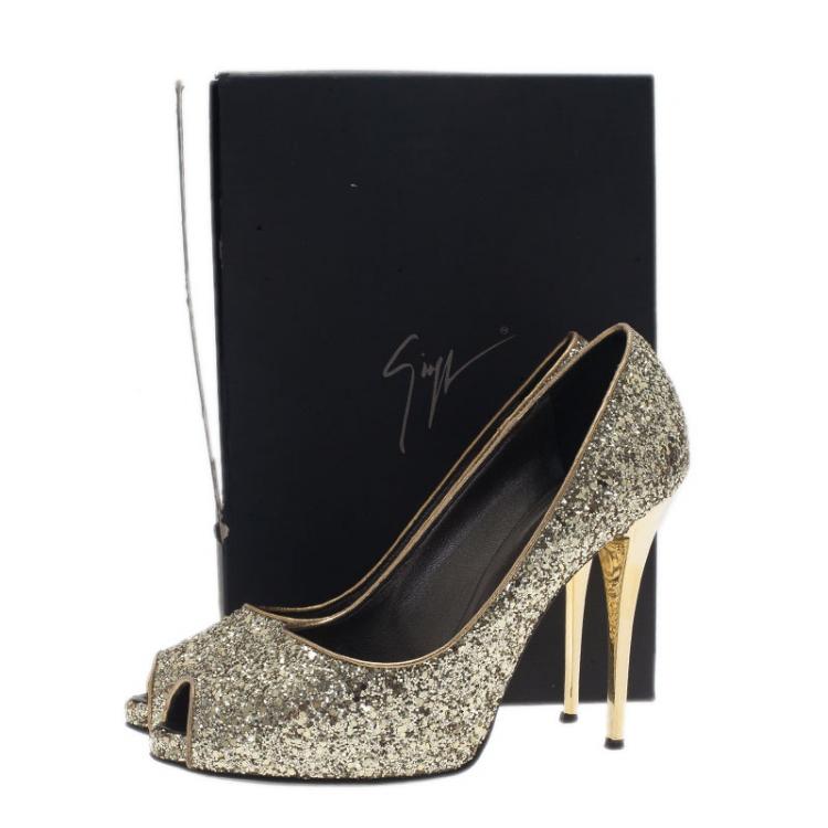 Pre Owned Giuseppe Zanotti Gold Glitter Peep Toe Pumps Size 40