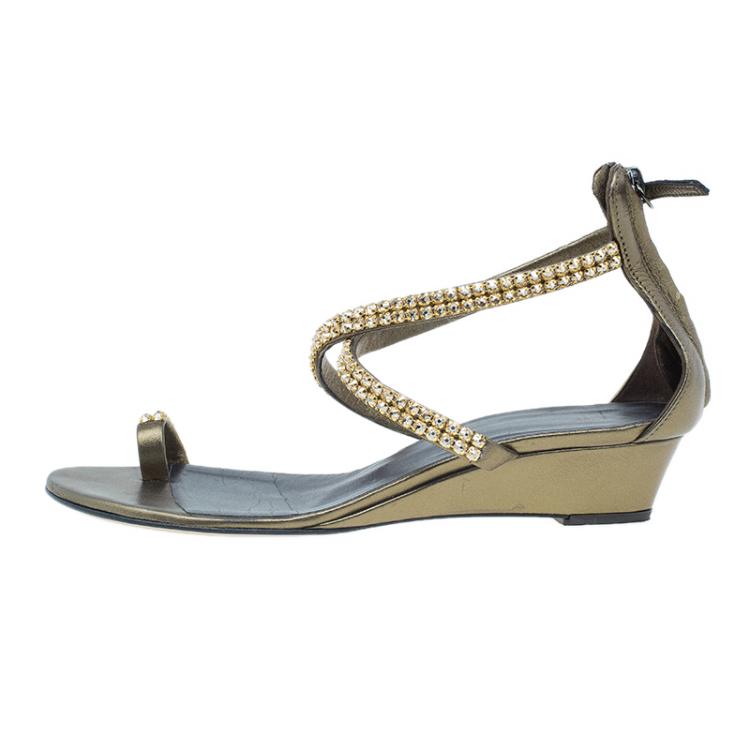 Pre Owned Giuseppe Zanotti Bronze Embellished Toe Ring Wedge Sandals Size 37 