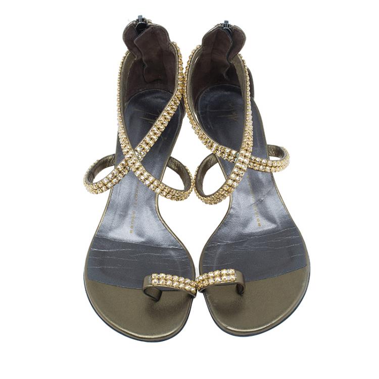 Pre Owned Giuseppe Zanotti Bronze Embellished Toe Ring Wedge Sandals Size 37 